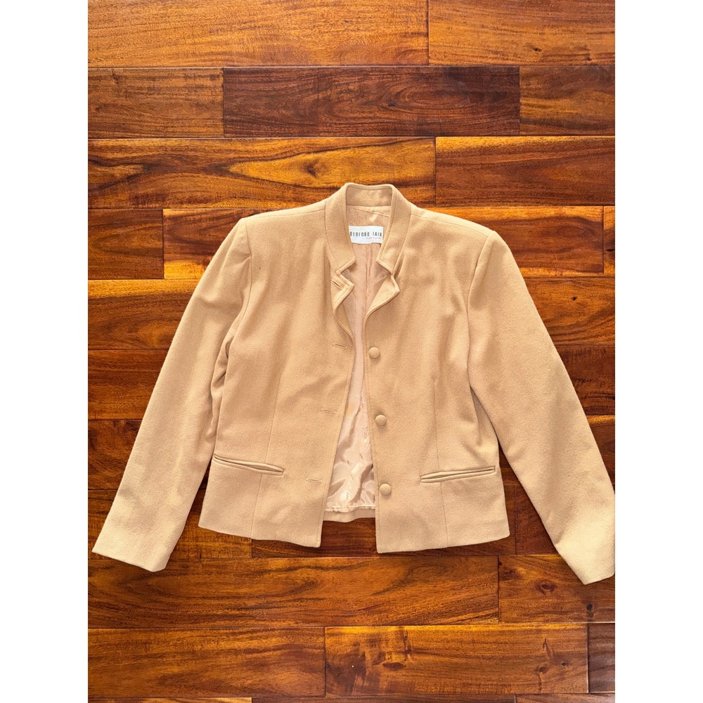 BEDFORD FAIR Beige Button Front Collarless Wool Blazer Jacket Womens‎